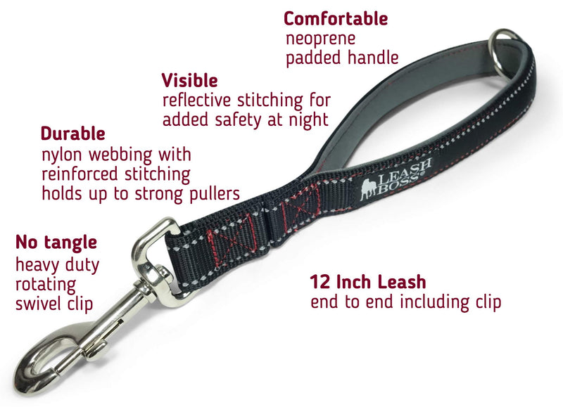 [Australia] - Leashboss Short Dog Leash with Padded Handle - 12, 18 and 24 Inch Reflective Leads with O-Ring - 1 Inch Wide Nylon for Training Medium and Large Dogs Black Reflective 12 Inch 