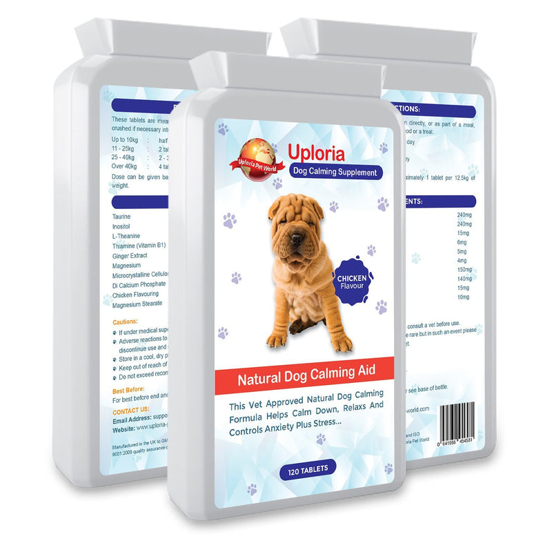 Uploria Pet World Calming Tablets For Dogs | 120 Chicken Flavour Tablets | UK Manufactured. - PawsPlanet Australia