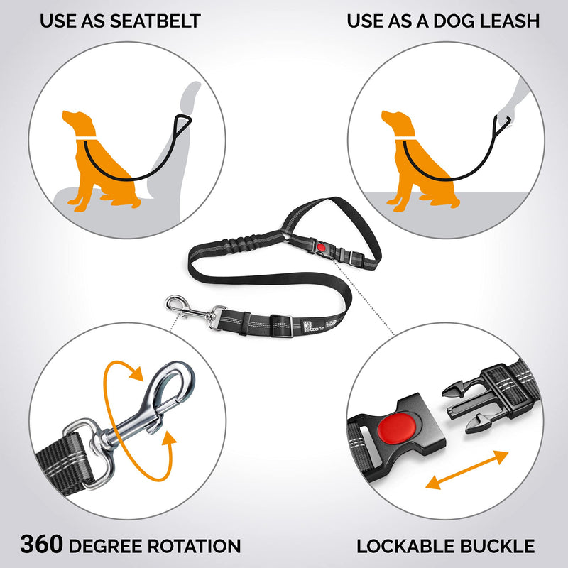 Comfortable Dog Seat Belt Harness for Car - 2-in-1 Leash and Restraint Secures to Headrest. Adjustable Bungee, Strong, Durable, 360 Degree Swivel Attach Won't Twist, Reflective, Easy to Use 1 pack Black - PawsPlanet Australia