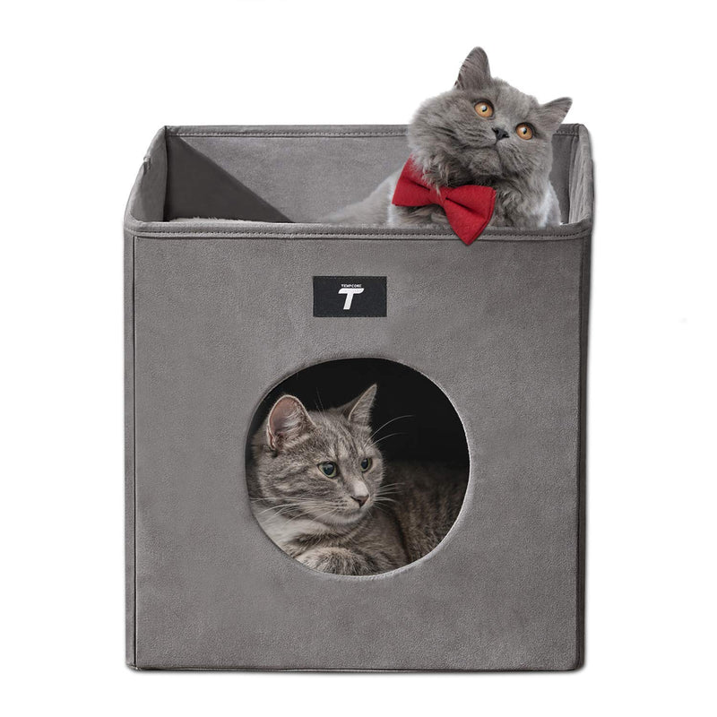 Tempcore Cat Bed for Indoor Cats, Foldable Cat Cube, Indoor Cat House with Lying Surface and 2 Reversible Cushions, Grey Large - PawsPlanet Australia