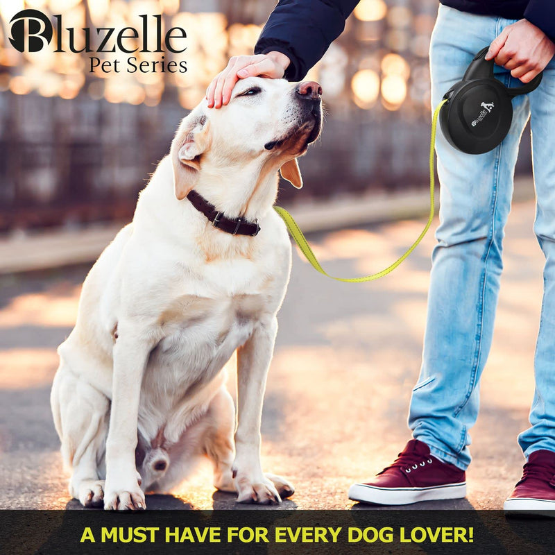 BLUZELLE 8m long dog leash for dogs up to 50kg, flexible retractable leash, neon yellow, bright reflector strap with 360° metal carabiner hook, ergonomic black rubberized handle & retraction brake - PawsPlanet Australia
