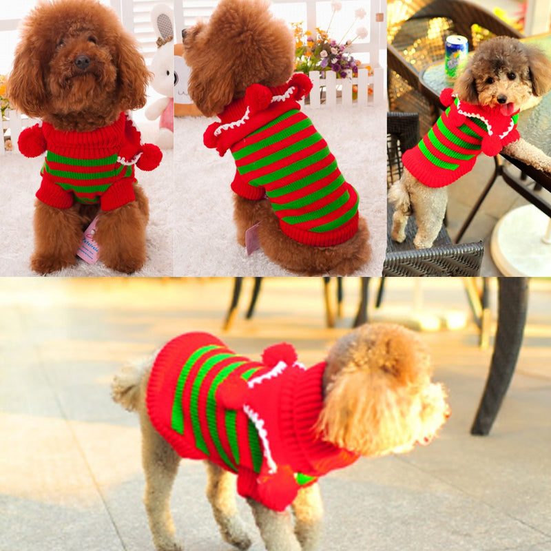 Christmas Turtleneck Knitted Pet Dog Cat Sweater Knitwear Outerwear with Collar and Balls for Dogs & Cats (Red & Green Stripes, M) - PawsPlanet Australia