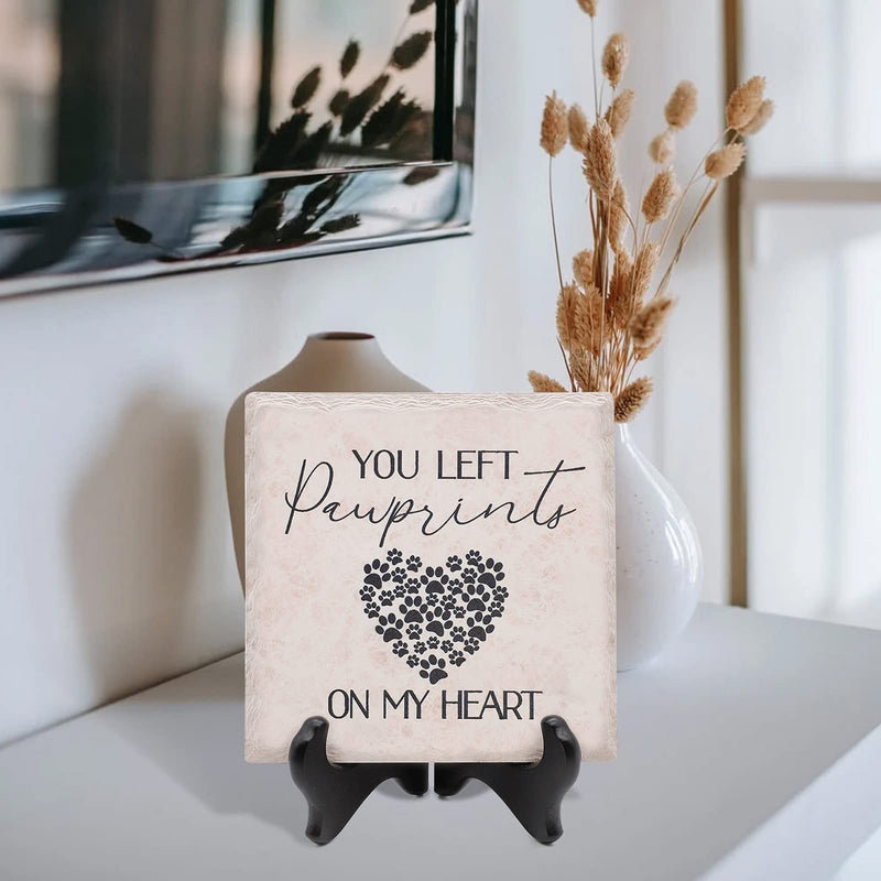 You Left Pawprints On My Heart Memorial Tile with Wooden Stand, Pet Loss Gifts, Pet Memorial Plaque Sign for Loss of Dog or Cat Sympathy Gifts, Dog Memorial Gifts, Pet Remembrance Gift - PawsPlanet Australia