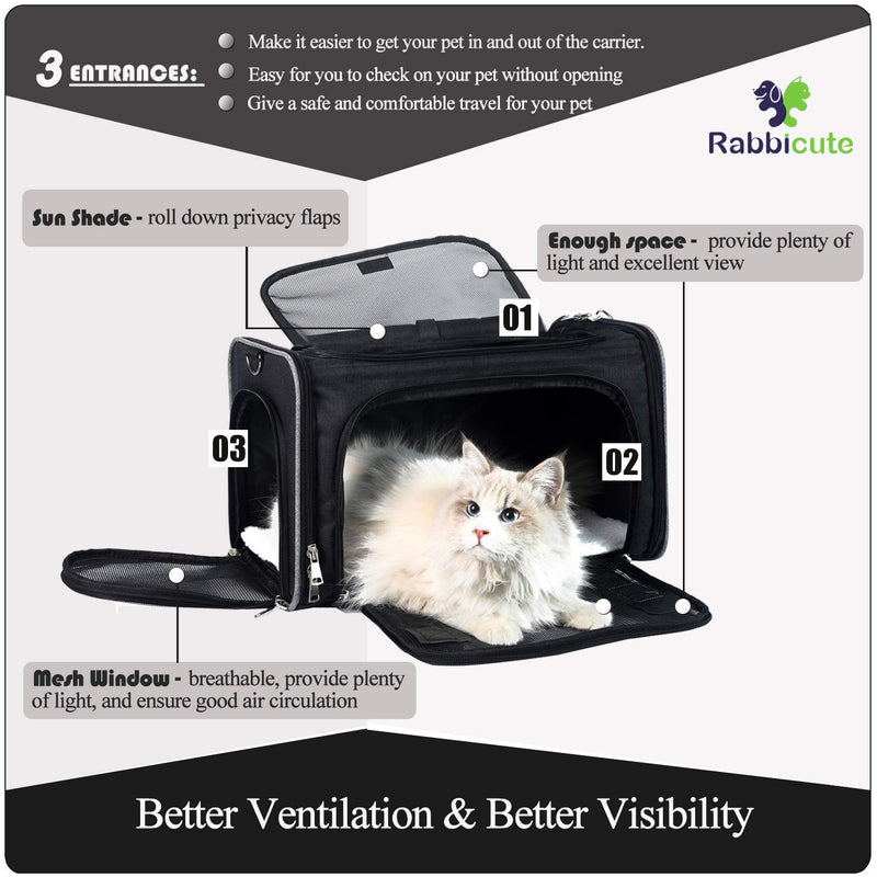 RABBICUTE Pet Travel Carrier Bag for Medium Small Dog Cat with Washable Bed,Locking Safety Zipper,Shoulder Strap and Foldable Bowl,Portable Collapsible Puppy Carrier,Airline Aprroved and Escape Proof BLACK - PawsPlanet Australia