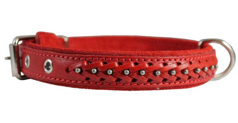 [Australia] - Genuine Leather Braided Studded Dog Collar, Red 1" Wide. Fits 14"-18" Neck. Brittany, Collie, Harrier, 