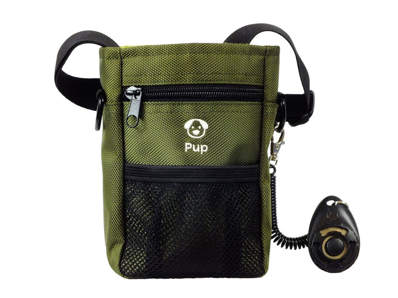 [Australia] - Dog Clicker Treat Walking Training Pouch Bag Bonus Clicker Trainer - Built-in Double Poop Bag Dispenser, Drawstring Closure - Carries Balls, Toys, Treats - 3 Ways to Wear Olive Green 