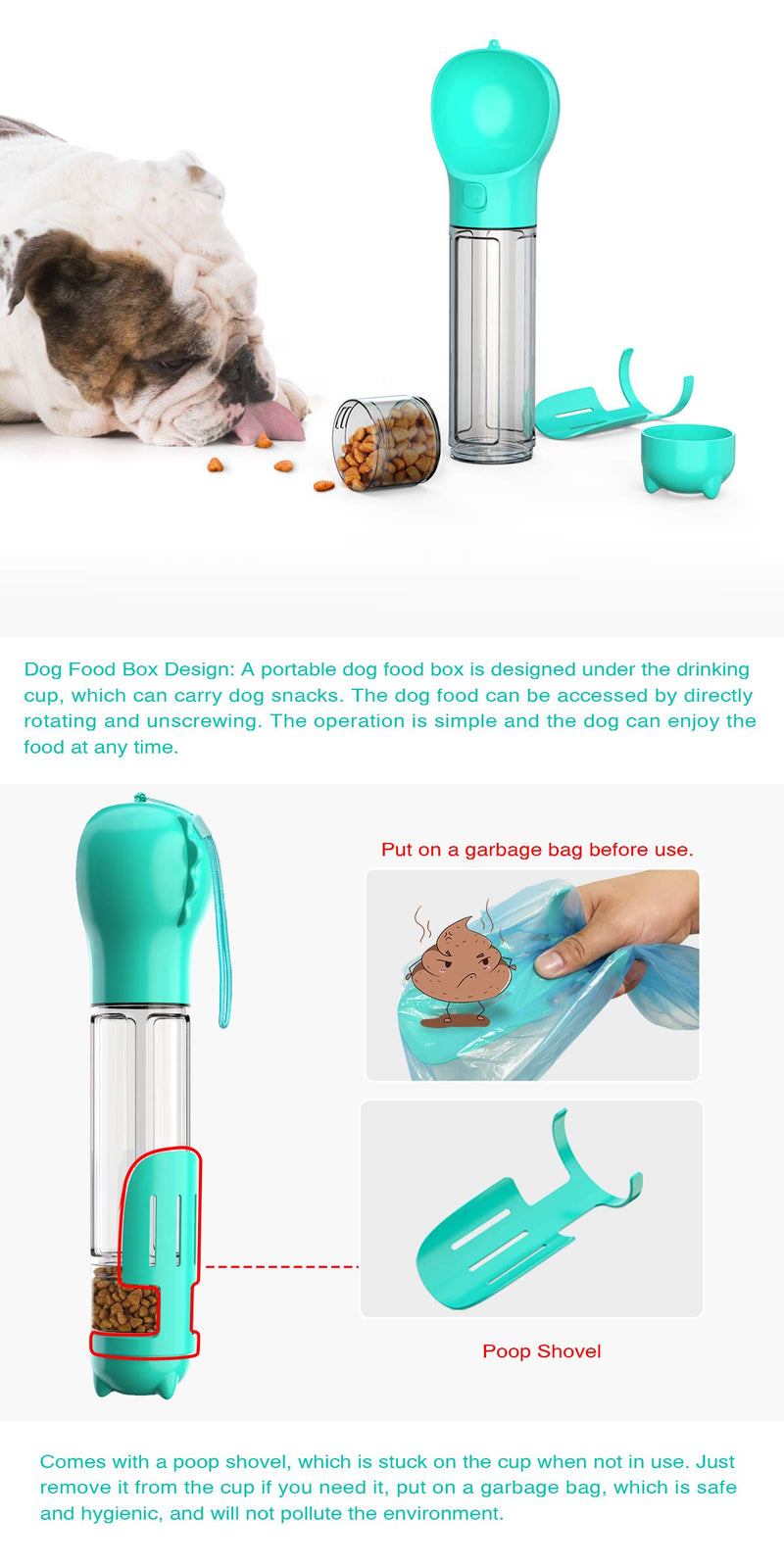 [Australia] - Heihaha Dog Water Bottles for Walking, 3 in 1 Portable Pet Dog Travel Water Bottle Dispenser with Food Container,Lightweight & Convenient One-Handed Operation 17oz Blue 