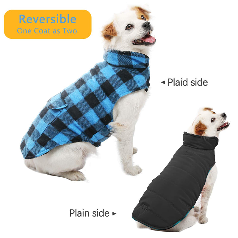 [Australia] - Kuoser British Style Plaid Dog Winter Coat, Windproof Cozy Cold Weather Dog Coat Dog Apparel Dog Jacket Dog Vest for Small Medium and Large Dogs with Pocket & Leash Hook XS-3XL S(Chest Girth:12.6-15.4") Blue 