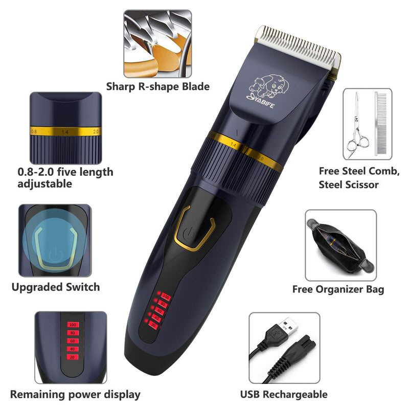 Yabife Dog Clippers, USB Rechargeable Cordless Dog Grooming Kit, Electric Pets Hair Trimmers Shaver Shears for Dogs and Cats, Quiet, Washable, with LED Display Blue - PawsPlanet Australia