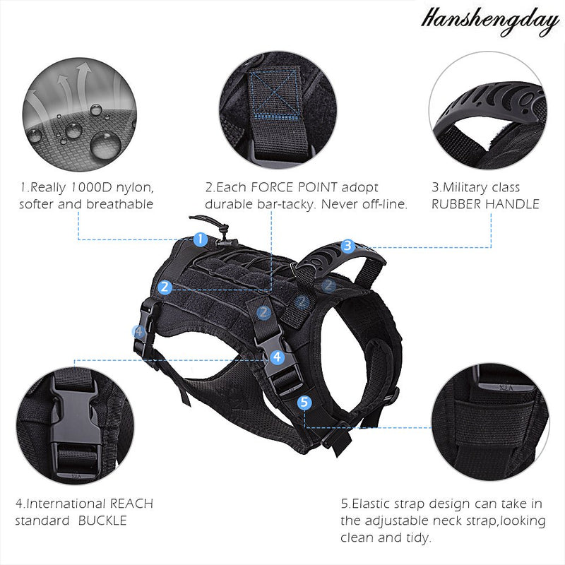 [Australia] - Hanshengday Tactical Dog Vest-Training Molle Harness-Tactical Dog Backpack-Pet Tactical -Vest Detachable Pouches-Relective Patches… L NBlack and 2 pouches 