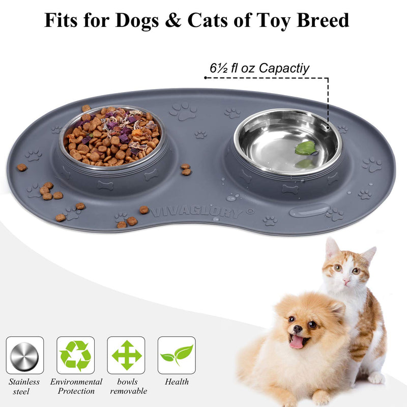 Vivaglory Dog Bowls Set with Double Stainless Steel Feeder Bowls and Wider Non Skid Spill Proof Silicone Mat for Cats Puppies Dogs 6½ oz ea. Grey - PawsPlanet Australia