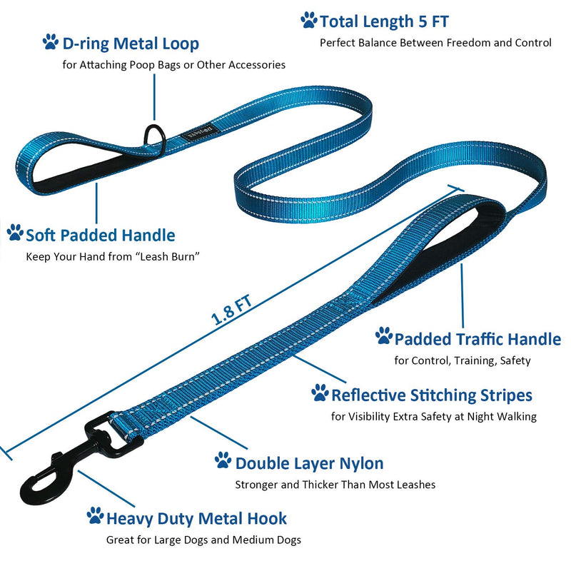 [Australia] - DOGSAYS Dog Leash 5ft Long Traffic Padded Two Handle Heavy Duty Double Handles Lead for Large Dogs or Medium Dogs Training Reflective Leashes Dual Handle 5 FT Blue 