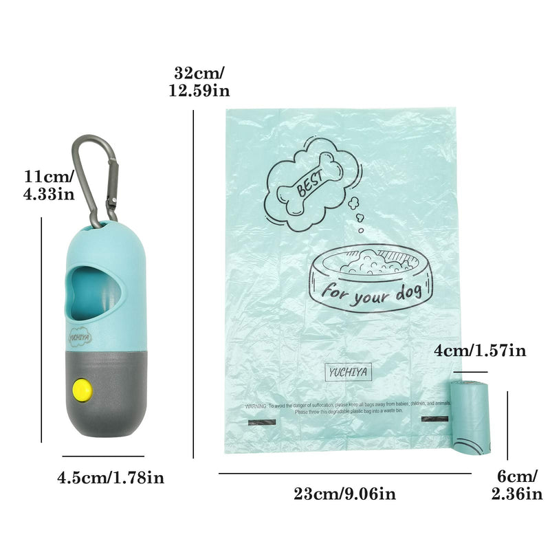 [Australia] - YUCHIYA Dog Poop Pickup Bags Holder with LED Flashlight|Pet Waste Bags Dispenser for Lead Leash|Diaper Bags Distributor for Cradle Car|Carabiner Fastener Elastic Rope LR44 Button Cells Included Crystal Blue 