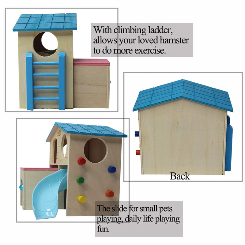 kathson Pet Small Animal Hideouts Drawf Hamster House Wooden Two Layers Huts with Funny Climbing Ladder Slide Play Swing Toys Rattan Chews for Mouse Syrian Hamster Blue - PawsPlanet Australia