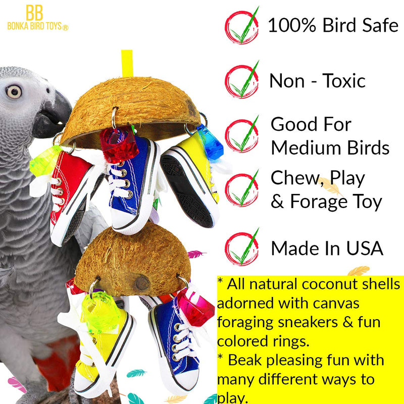 [Australia] - Bonka Bird Toys 1782 Duo Coco Sneaker Parrot Bird cage African Grey Cockatoo Amazon Conure Quality Spoon Products Sandals Aviary Coconut Husk Pacifier Rope Perch Beak Domes 