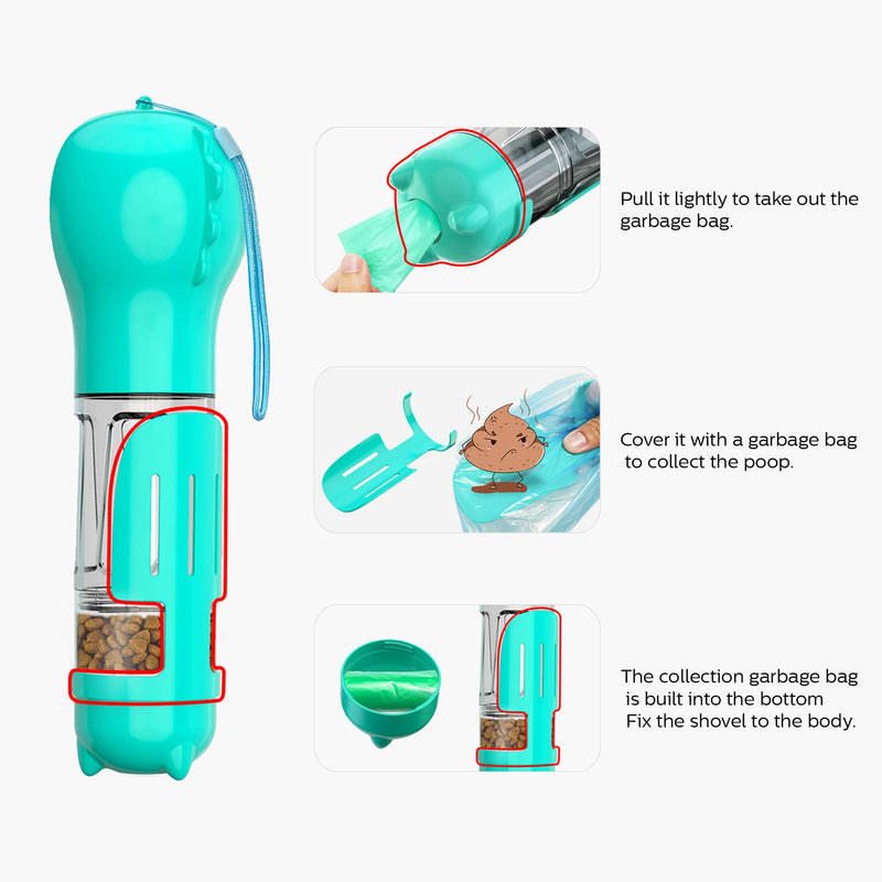 [Australia] - applemi Dog Water Bottle, Portable Puppy Water Drinking Dispenser, Multifunctional Dog Bowl with Food Storage, Garbage Bags & Shovel for Pets Outdoor Walking, Hiking, Travel (300ml) 