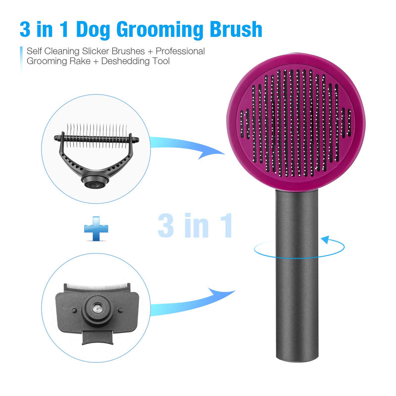 isYoung 3 in 1 Dog Grooming Brush, Self Cleaning Slicker Brushes, Professional Grooming Rake & Deshedding Tool for for Dogs, Cats, Rabbits, Long-haired Breeds of Pets - PawsPlanet Australia