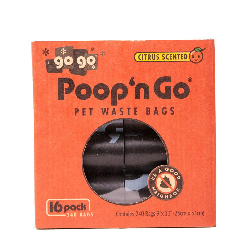 [Australia] - GoGo Pet Products Poop 'n Go Waste Bags (16 Rolls/240 Bags Per Box), Refreshing Citrus Scent, Black, Large 