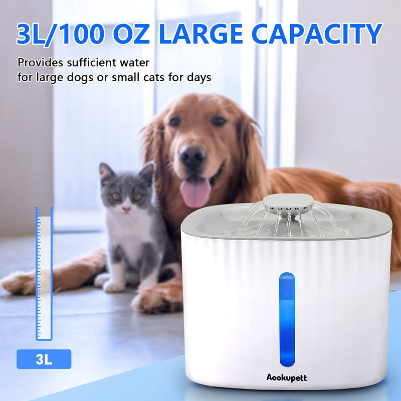 Cat Water Fountain 3L/100oz Large Capacity Aookupett Pet Water Fountain for Cats & Dogs, Dry Burning Protection Pump Cat Fountain Water Bowl, Automatic Water Dispenser for Cats with Low Water Shut Off Gray - PawsPlanet Australia