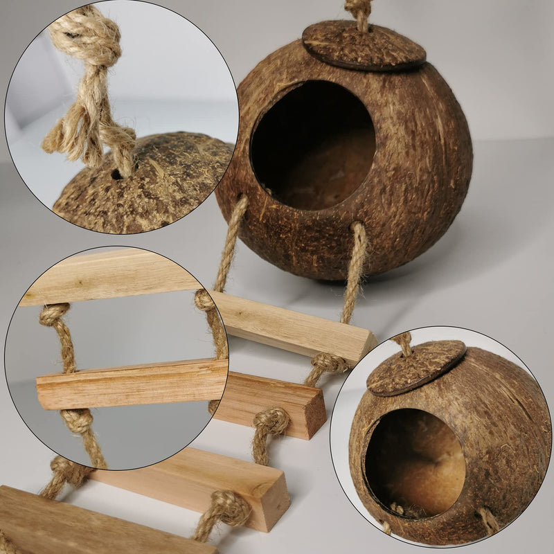 Hanging Bird House with Ladder,Natural Coconut Fiber Shell Bird Nest Breeding for Parrot Parakeet Lovebird Finch Canary,Coconut Hide Bird Swing Toys for Hamster,Bird Cage Accessories,Pet Bird Supplies - PawsPlanet Australia