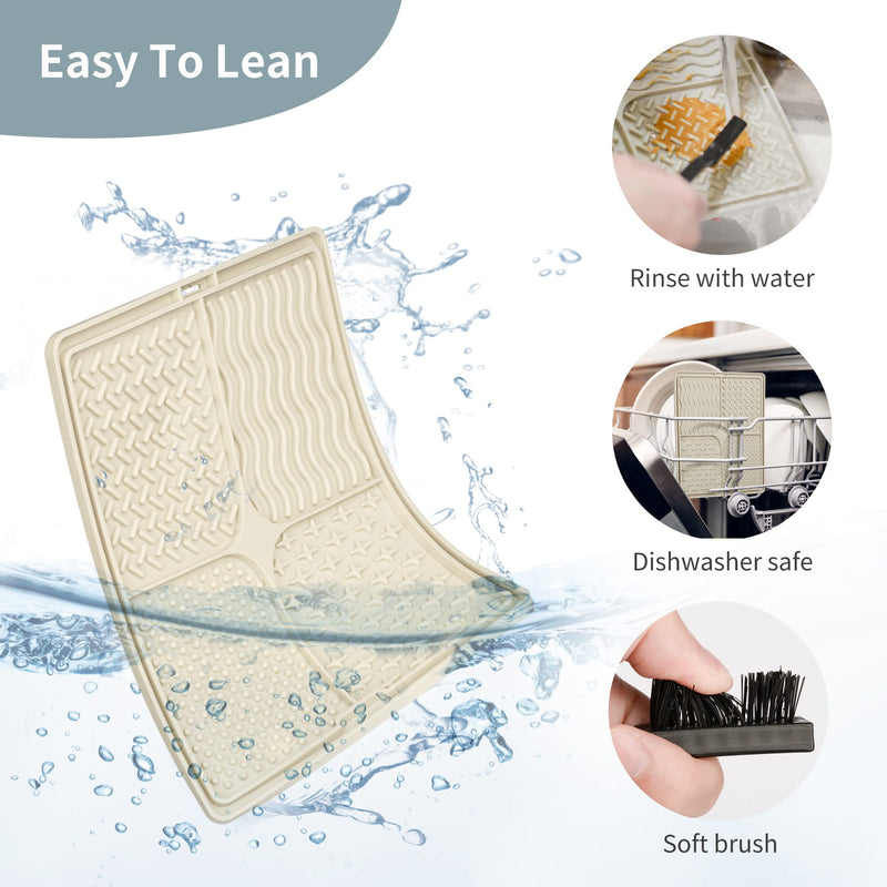 Qishare Dog Lick Mats with 1 Spatula + 1 Brush for Easier Cleaning, Peanut Butter Lick Mat with Suction Cup, Suitable for Bathing and Grooming Pets (Beige) Beige - PawsPlanet Australia