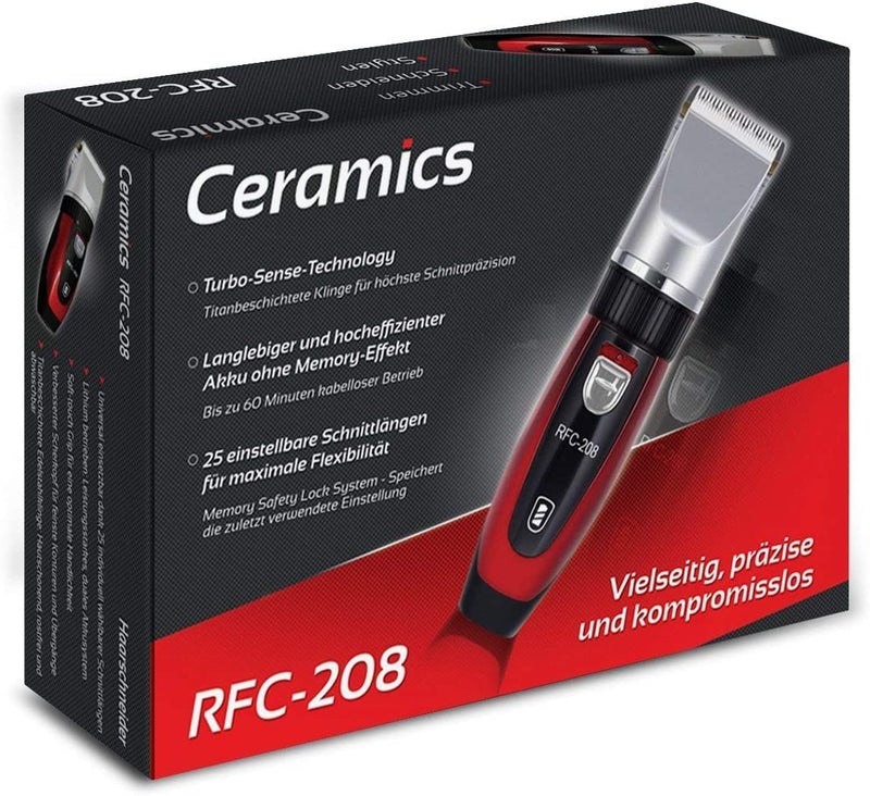 Ceramics RFC-208 Pet Grooming Kit Quiet and Low-Noise Pet Hair Trimmer with Turbo Sense Technology and 4 Attachments for 25 Cutting Lengths, Wireless Rechargeable Pet Hair Trimmer Red - PawsPlanet Australia
