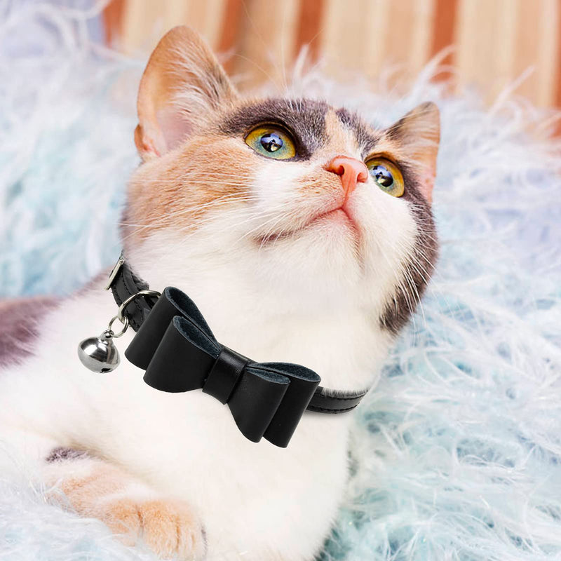 SCIROKKO Leather Cat Collars with Bowtie - Soft Kitty Collar with Exquisite Bells, Durable Metal Clasp, 5 Colors Adjustable Kitten & Other Pets Black - PawsPlanet Australia