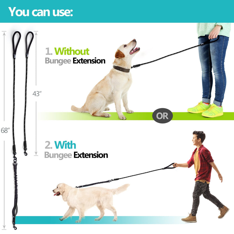 Heavy Duty Rope Bungee Lead for Large and Medium Dogs with Anti-pull for Shock Absorption - No Slip Reflective Leash for Outside (Black, For 1 Dog) Black - PawsPlanet Australia