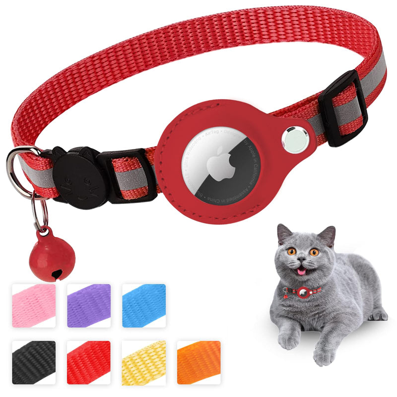 Mouyou Airtag Cat Collar, Airtag Collar Cat Soft Nylon Reflective with Bell and Safety Clasp, Tracking Cat Collar with Holder Airtag Case Adjustable from 22-34cm Red - PawsPlanet Australia