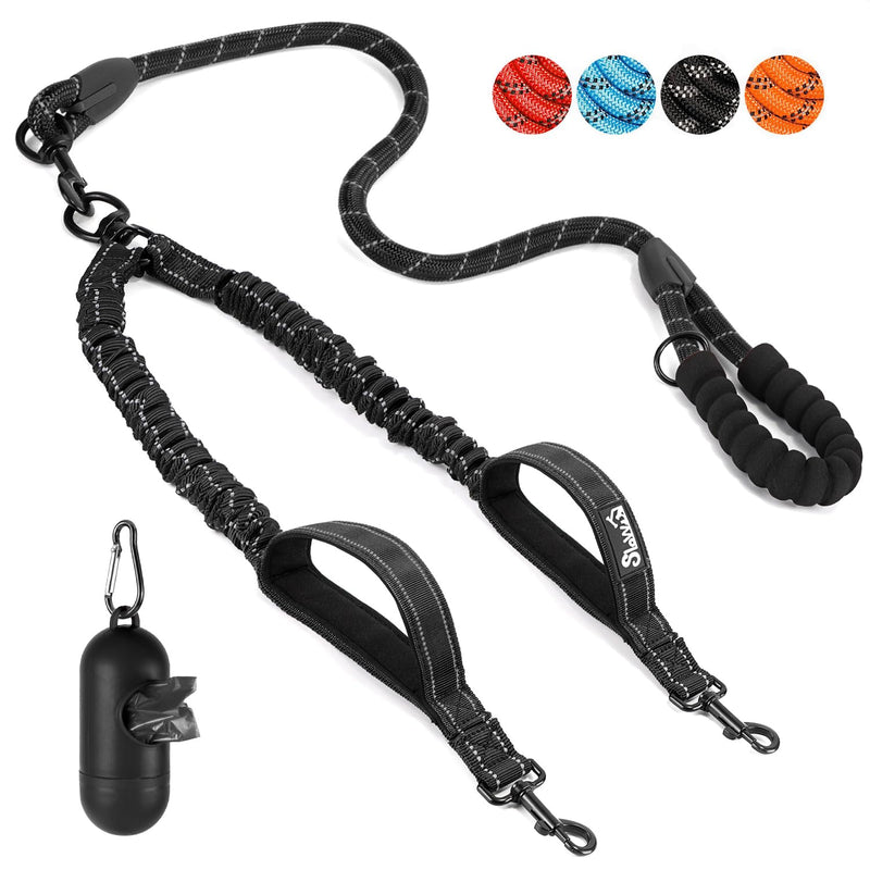 Eyein Double Leash for 2 Dogs, Dog Leash for Large Dogs, Flexible and Reflective Tangle-Free Dog Leash with 2 Padded Handles for Dogs from 11 to 68 kg (Black) Black Large (Total Weight 11-68 kg) - PawsPlanet Australia