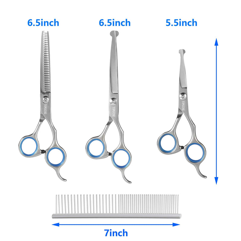 TOPGOOSE Dog Grooming Scissors Set, Safety Round Tip Grooming Tools 6 Pieces Kit for Pet Dogs Cats Full Body - Professional Curved, Thinning, Straight Scissors, Comb, Nail Clipper and Nail File 6 Scissors Set - PawsPlanet Australia