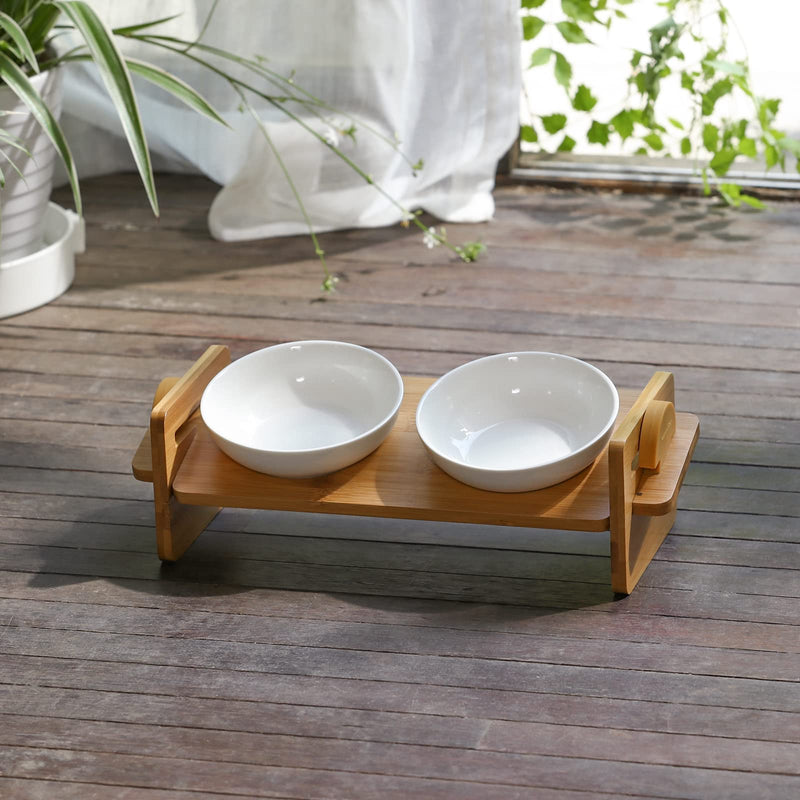 FUKUMARU Elevated Cat Bowl for Cats, Small Dogs, 15° Inclined Elevated Food Bowl, Bamboo Water Stand Bowl Set, Height Adjustable - PawsPlanet Australia