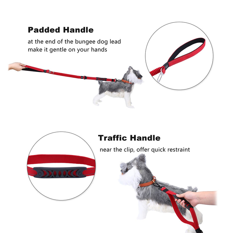 3-in-1 Strong Bungee Dog Lead, 3.6-4.9 FT No Pull Shock Absorbing Pet Long Leash with Car Seat Belt Safety Buckle, Elastic Dog Lead with Comfortable Padded Handle and Reflective Sewing (Red) Red - PawsPlanet Australia