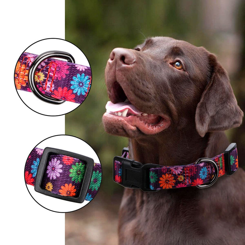 Rhea Rose Girl Dog Collars Fall Daisy Pattern, Colorful Flowers Print, Female Collar, Dark Purple, Small S(Neck 11"-15.7", Width 5/8") - PawsPlanet Australia