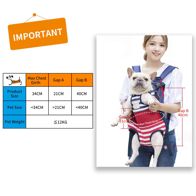 Legs Out Front Pet Dog Carrier Front Chest Backpack, Adjustable Hands-Free Backpack Travel Bag for Small Medium Dog Puppy Cat Outdoor, Shoulder Strap Padded Leg Spacing 21 CM x Length 40 CM RedBlue-Stripe - PawsPlanet Australia