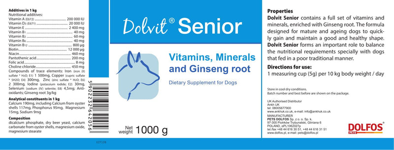 PETS Dolfos Dolvit Senior 1kg powder Vitamins and Minerals, enriched with Ginseng root for mature and ageing Dogs - PawsPlanet Australia