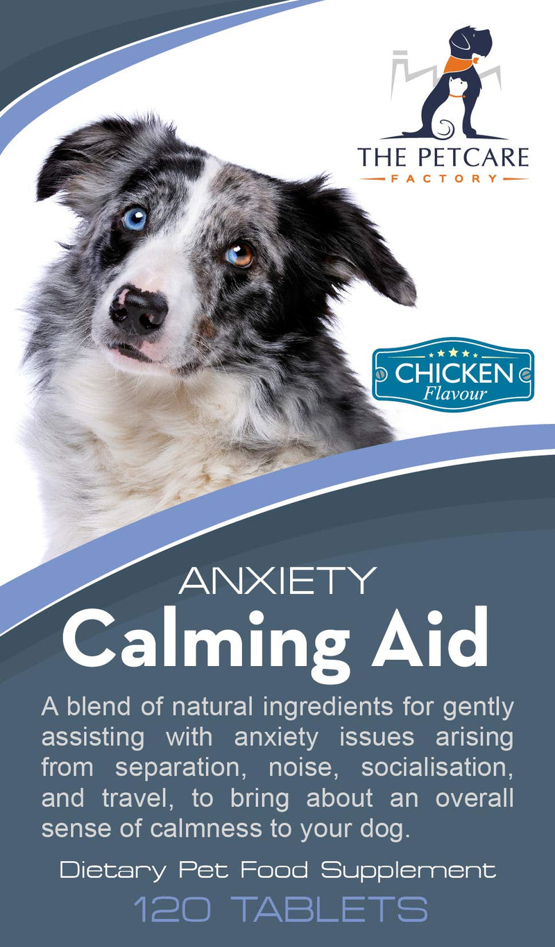 The Petcare Factory Anxiety Calming Aid For Dogs, With Taurine, Inositol, 5-HTP, L-Theanine, Thiamine (Vitamin B1), 120 Tablets, Natural Human Grade Ingredients, Non-Drowsy, UK Manufactured - PawsPlanet Australia