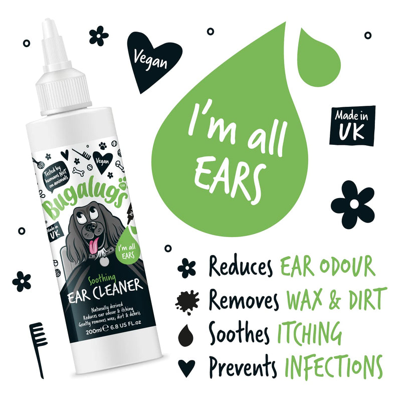 BUGALUGS Dog Ear Cleaner Dog Ear Cleaner Solution 200ml - Stop Head Shaking, Itchy & Waxy Ears - Vet Recommended Dog Ear Drops, Naturally Derived, Non-Toxic Soothing Ear Cleaner Dog - PawsPlanet Australia