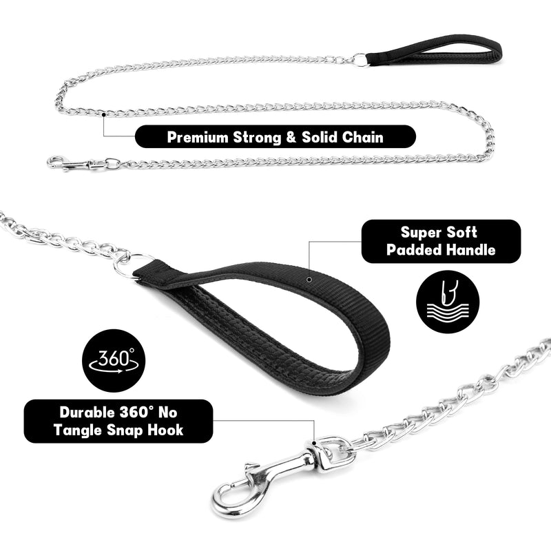 Jumpress Heavy Duty Chain Dog Leash for Medium Large Dogs, Chew Proof Metal Dog Lead with Soft Padded Handle, Classic Black 4FT Dog Leash 3.0mm * 4 foot - PawsPlanet Australia