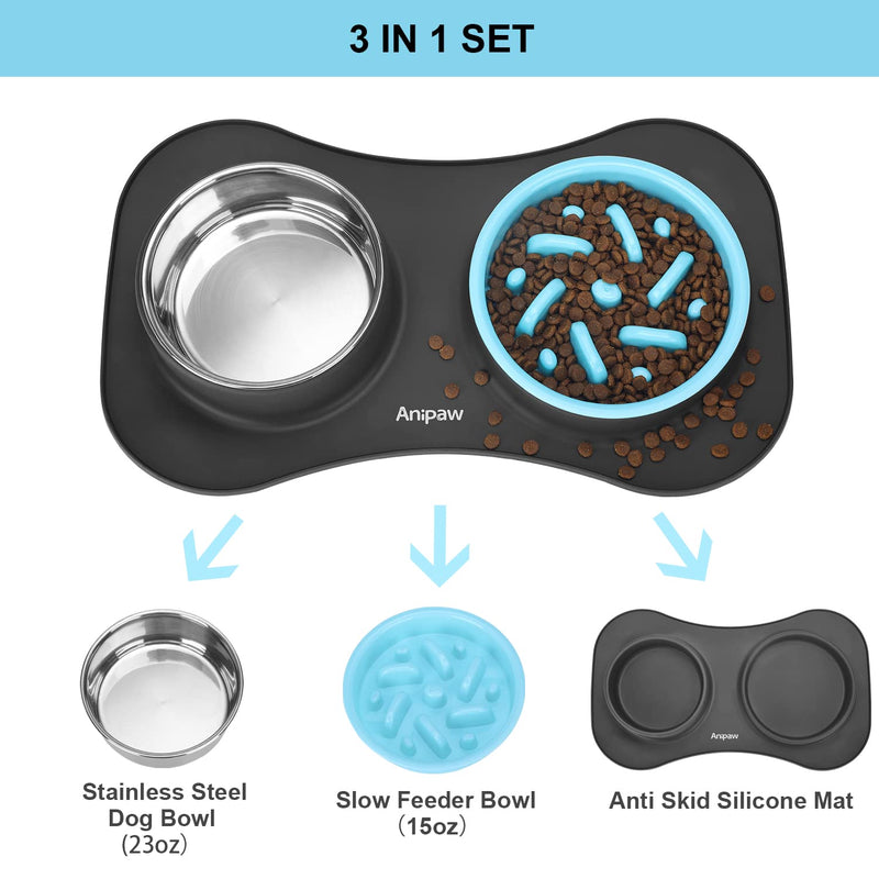 Anipaw Slow Feeder Dog Bowls 3 in 1 Stainless Steel Dog Food and Water Bowls with Non-Spill Non-Skid Silicone Mat to Slow Down Eating for Large Medium Small Breed Size Dogs and Cats - PawsPlanet Australia