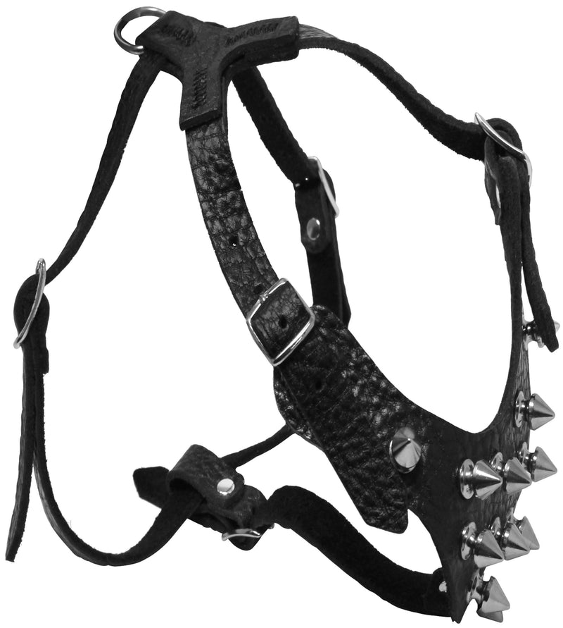 [Australia] - Black Genuine Leather Spiked Dog Harness for Small Dogs 13"-17.5" Chest 