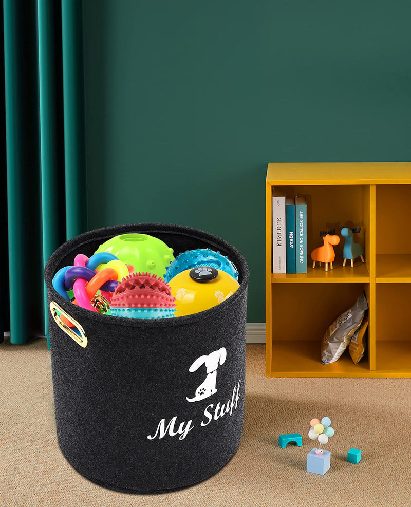 Morezi Round felt pet toy storage, dog toy bin, basket chest organizer with metal handles - perfect for organizing pet toys, blankets, leashes and food - Dark Grey - PawsPlanet Australia