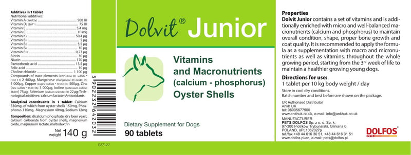 PETS Dolfos Dolvit Junior 90 tablets Vitamins Minerals Calcium from Oyster Shells for Dogs - PawsPlanet Australia