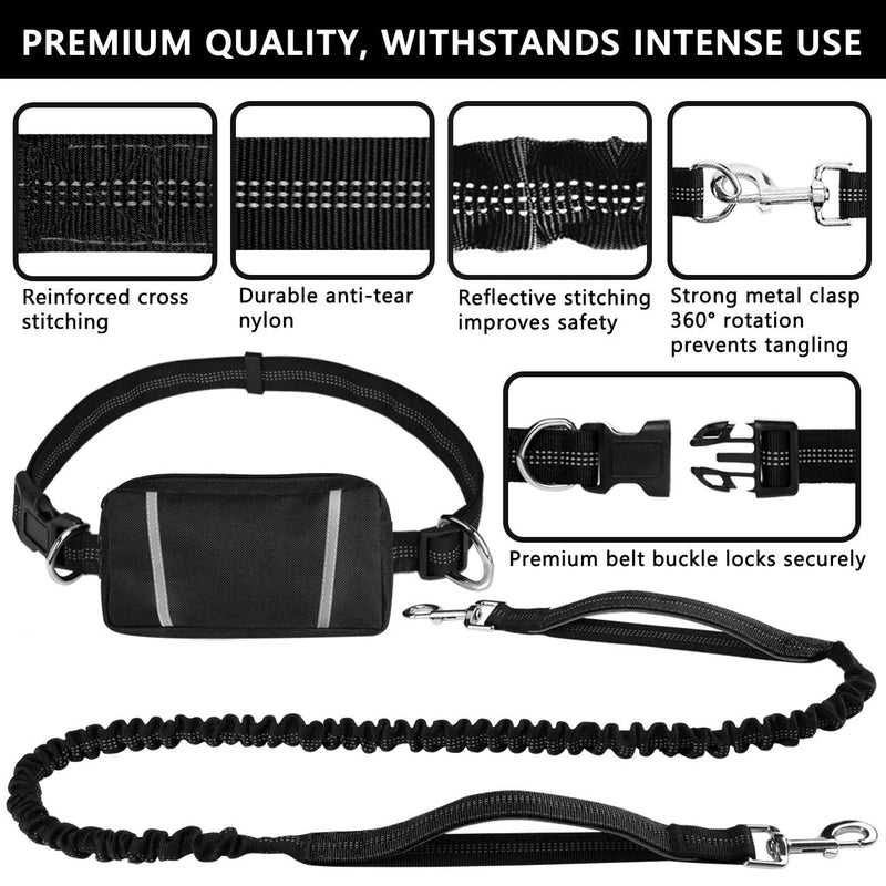 LANNEY Hands Free Dog Leash for Running Walking Jogging Training Hiking, Retractable Bungee Dog Running Waist Leash for Medium to Large Dogs, Adjustable Waist Belt, Reflective Stitches, Dual Handle Black and Gray for 2 Dogs (Detachable Pouch) - PawsPlanet Australia