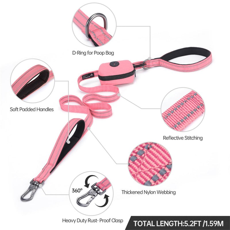 EXCELLENT ELITE SPANKER Reflective Nylon Dog Training Leash Strong Durable Dog Leash 5 Feet Long 1" Wide with Poop Bag Holder for Small and Medium Dogs（Pink）Pink 5.2FT*1'' - PawsPlanet Australia