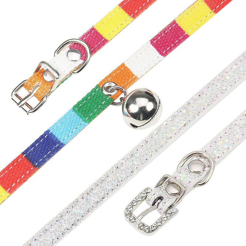 Ourllamey Kitten Collar Cat Collars for Girl Cats with Bells Bling Diamond Rhinestone Cat Collar Adjustable 2pcs S: Fits 7.87"-10.8" Neck, 0.4"W Silver & Rainbow - PawsPlanet Australia