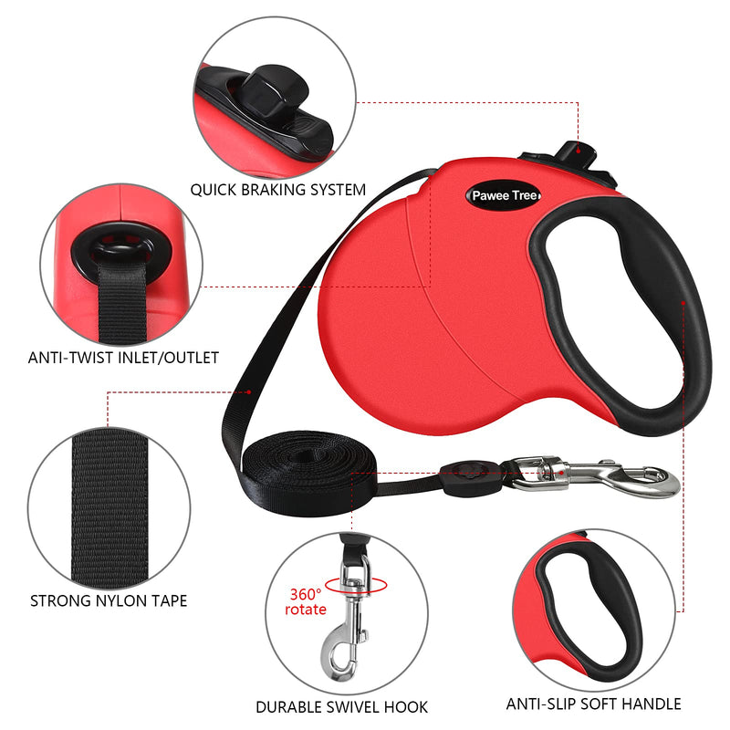 Pawee Tree Retractable Dog Leash,360°Tangle-Free Heavy Duty Pet Walking Leash with Anti-Slip Handle,Pet Leash for Medium Small Dog,Led Lights Leash with One-Hand Brake,Easy Control(Red Small/Medium) 13Ft Small/Medium red - PawsPlanet Australia