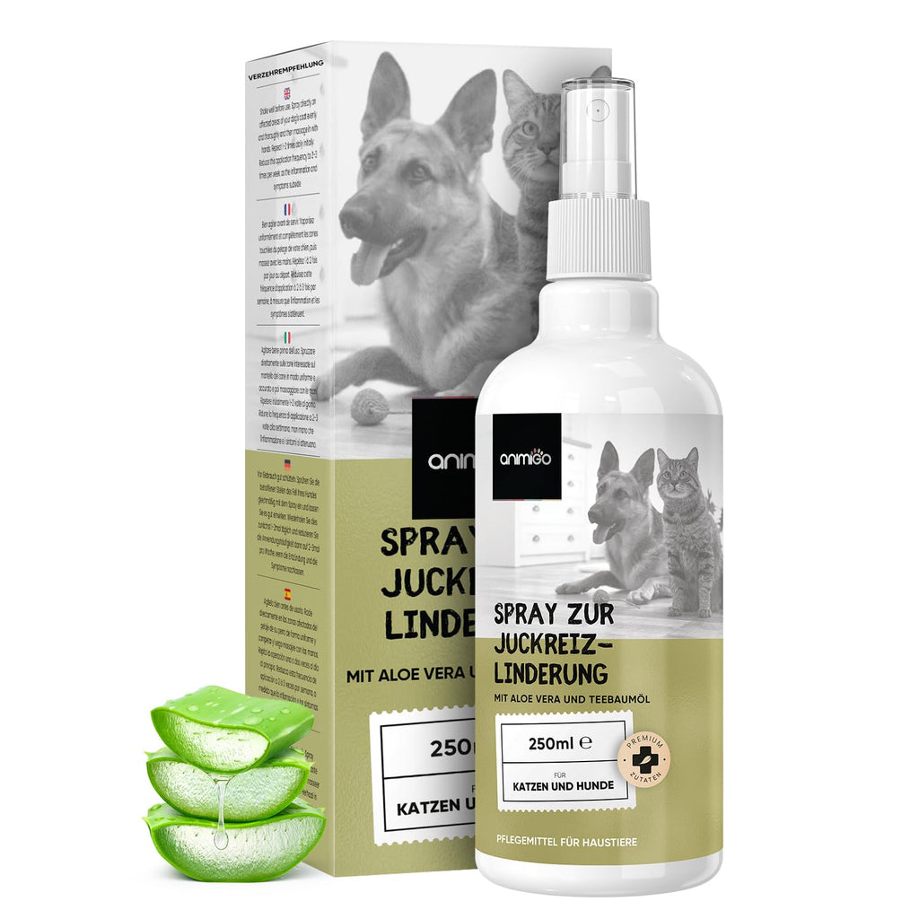 Animigo Anti Itch Spray for Dogs & Cats - 250ml Natural Aloe Vera Spray - Anti Parasite Treatment - For Allergies, Hotspots, Ringworm, Yeast Sores, Mange & Fungal Infestation - Itch Dog Anti Itch Spray - 250ml - PawsPlanet Australia