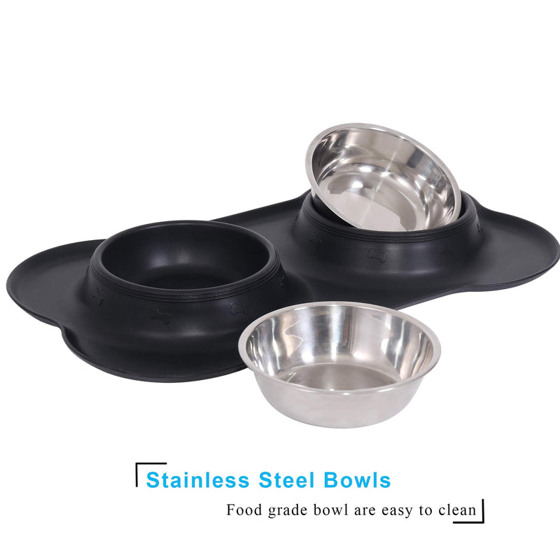 Dog Cat Bowls Stainless Steel Double Dog Food and Water Bowls with No-Spill No-Skid Silicone Mat, Pet Feeder Bowls Small Puppy Bowl for Small Dogs Cats Black - PawsPlanet Australia