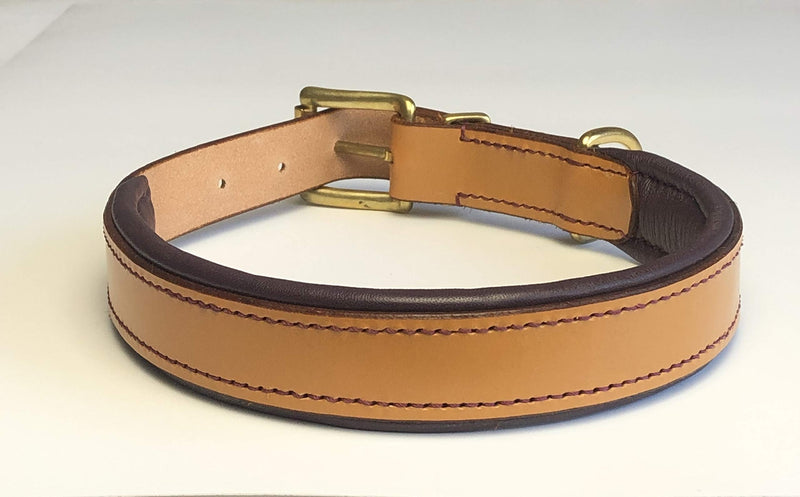 KLASSY K9 SEDGWICK BRIDLE LEATHER PADDED DOG COLLAR IN LONDON TAN WITH PLUM LEATHER PADDING LARGE 19"-23" 48CM-58CM WITH BRASS ACCESSORIES - PawsPlanet Australia